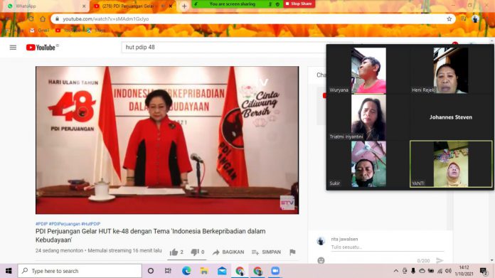 Ketua Umum PDI Perjuangan Megawati Soekarnoputri saat memberi sambutan perayaan HUT ke-48 PDIP melalui live zoom meeting