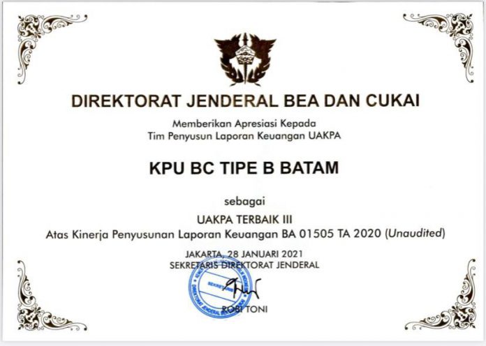 Bea Cukai Batam Raih Peringkat 3 Atas Kinerja Penyusunan Laporan Keuangan Se-Indonesia