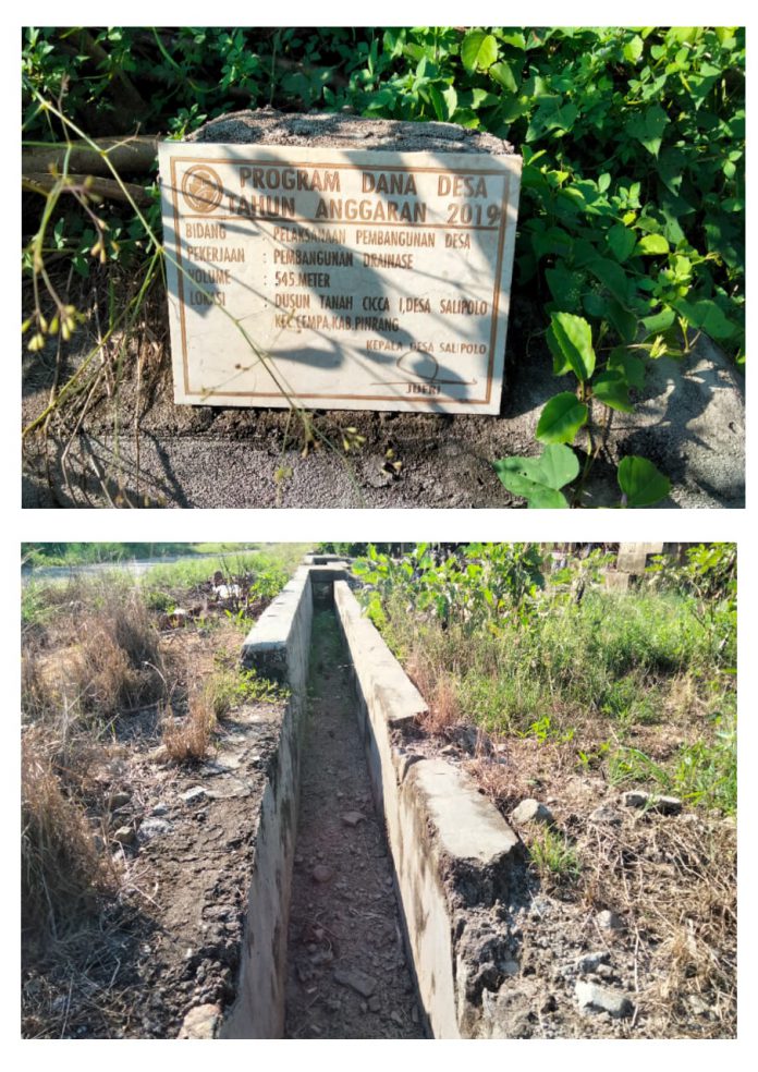 Foto pekerjaan di Desa Salipolo, Kecamatan Cemapa, Kabupaten Pinrang, tidak tertera besaran anggaran.