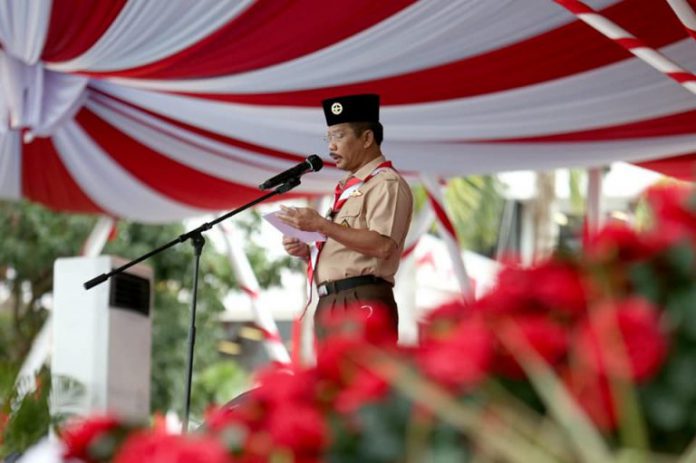 Wali Kota Batam, Muhammad Rudi saat upacara Peringatan Hari Pramuka ke-60 di Dataran Engku Putri, Rabu (18/6/2021).